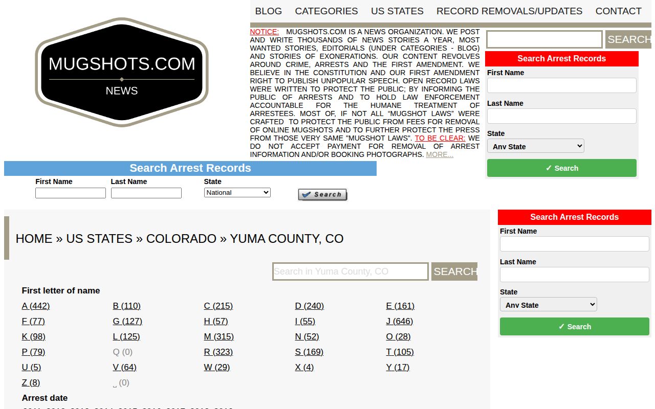 Unofficial Yuma County Colorado mugshot listing shown with records caveat