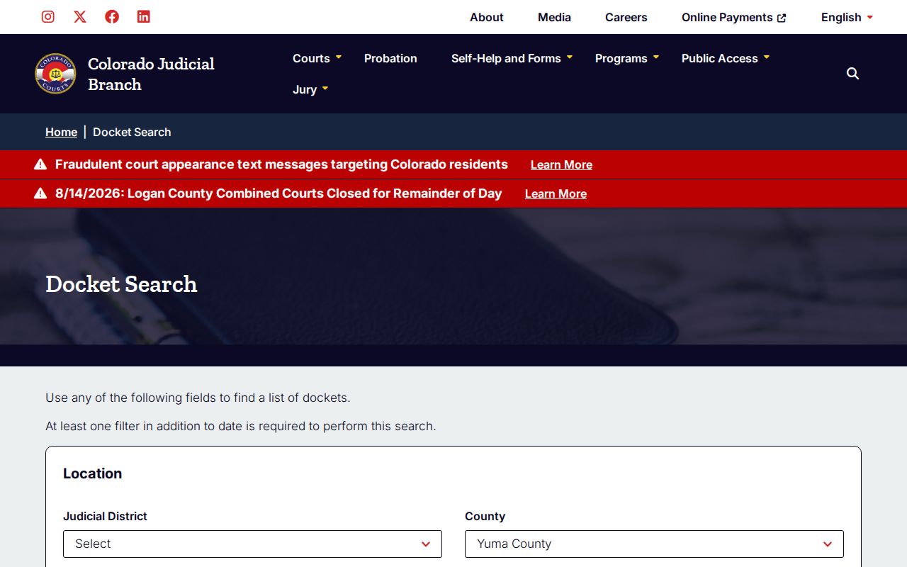 Yuma County Colorado court docket for arrest disposition records